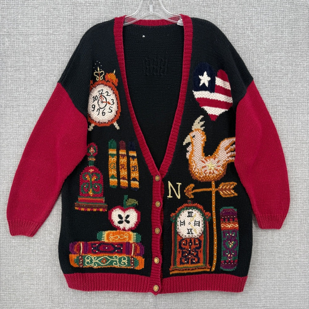Vtg Storybook Knits Cardigan Sweater Women XL Black Red Teacher School Novelty